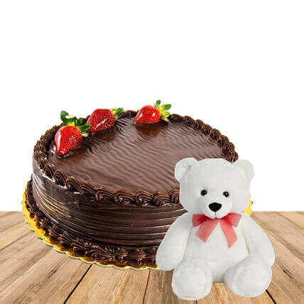 Order 1 Kg Chocolate Truffle Cake With 6 Inch Teddy Bear Buy and Send 1 Kg Chocolate Truffle Cake With 6 Inch Teddy Bear Online OgdMart
