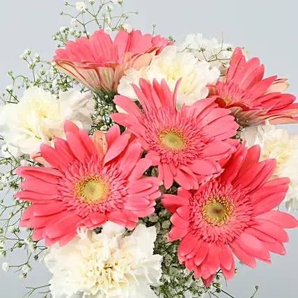 Gerberas & White Carnations In Glass Vase
