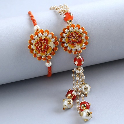 Sneh Pearl & Floral Design Bhaiya Bhabhi Rakhi Set