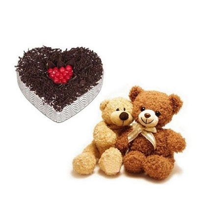 1Kg Heart Shape Cake, 6inch Teddy Bear Couple