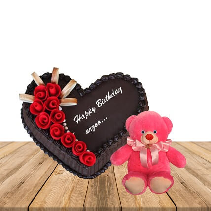 1 Kg Heart Shape Chocolate Fresh Cream Cake With 2 Feet Height White Teddy Bear