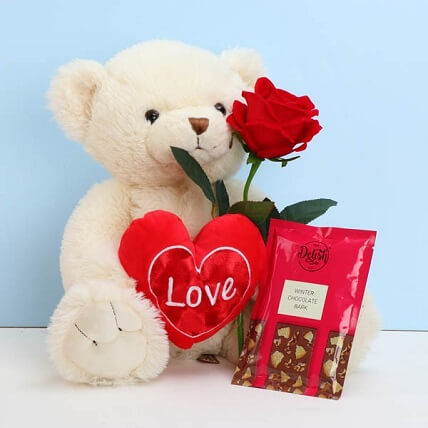 Teddy Bear & Artificial Rose Hamper