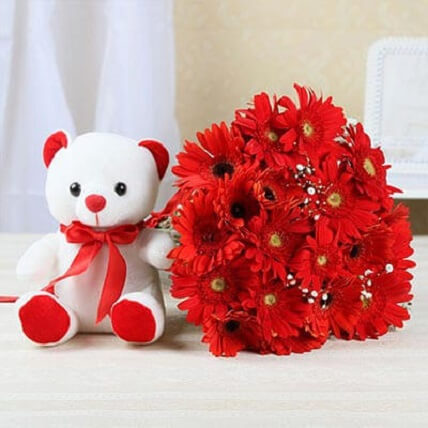 20 Red Gerberas And (6 Inch) White Teddy Bear