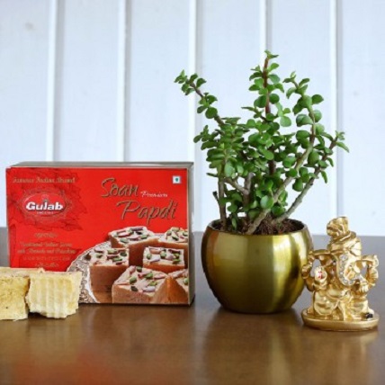Ganesha Idol And Jade Plant With Soan Papdi