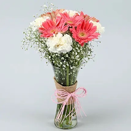 Gerberas & White Carnations In Glass Vase