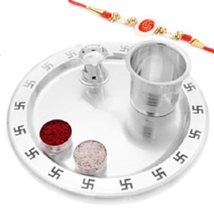 Rakhi Pooja Thalis-Silver Swastik Pooja Thali Set Ith Swastik Rakhi