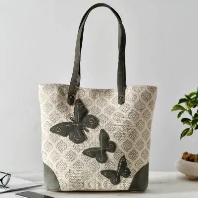 Leather And Cotton Tote Bag