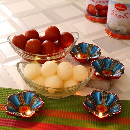 Assorted Sweets With Earthen Diyas