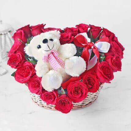 Basket Of Red Roses With Teddy 