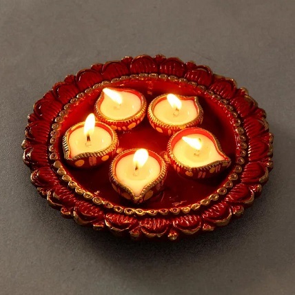 Round Tray Of Five Handpainted Clay Diyas
