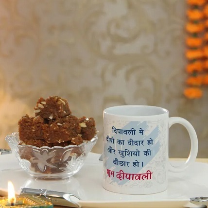 Shubh Deepawali Mug With Dodha Barfi