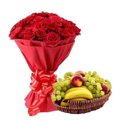 Red Roses With Mixed Fruits With Basket