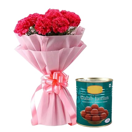 Bunch Of 10 Red Carnation And 1 Kg Haldiram Gulab Jamun