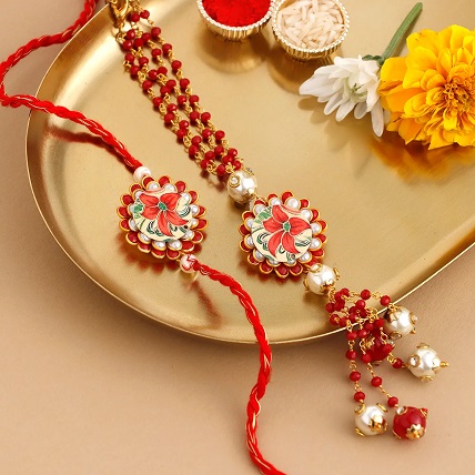 Sneh Ethnic Pearl Bhaiya Bhabhi Red Rakhi Set