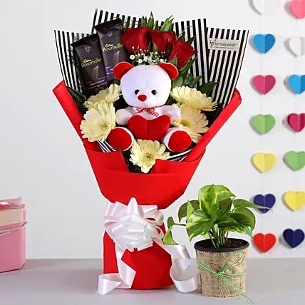 Special Bouquet With Money Plant And Teddy