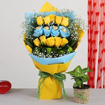 Yellow Roses Bunch With Syngonium Plant & Ferrero Rocher